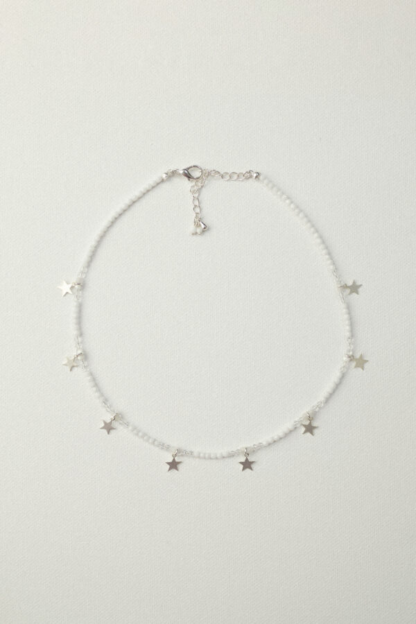 Gargantilla de Cuentas de Cristal Blanco y Estrellas plateadas